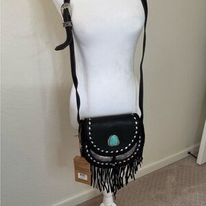 Black Fringe Crossbody Bag with Turquoise Accent